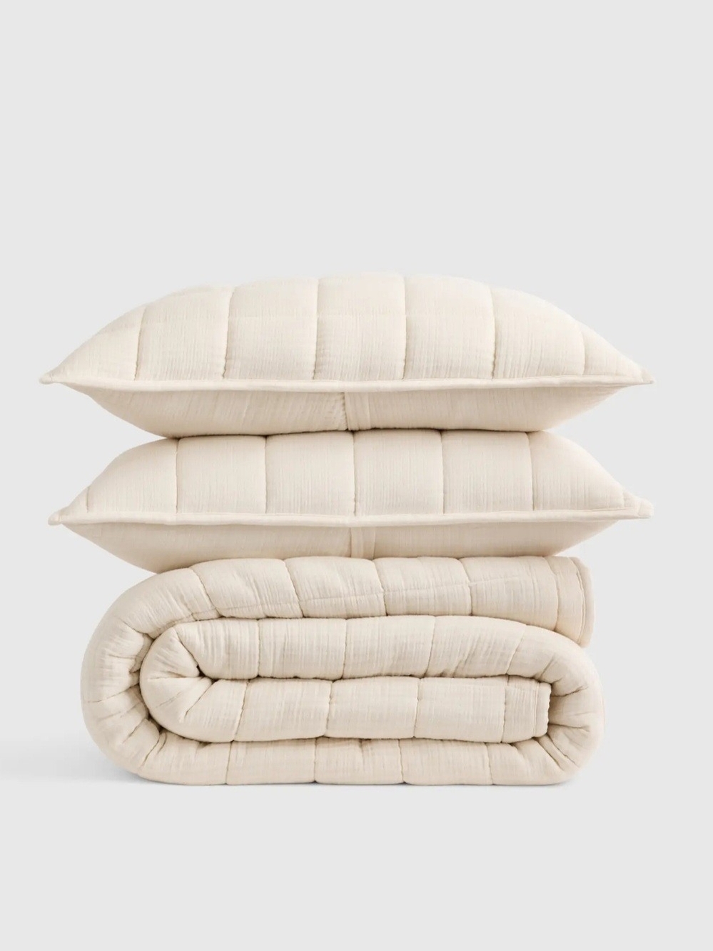 Quince King/CalKing Organic Cotton Gauze Box Quilt 3pc Set, Undyed, Fair Cond
